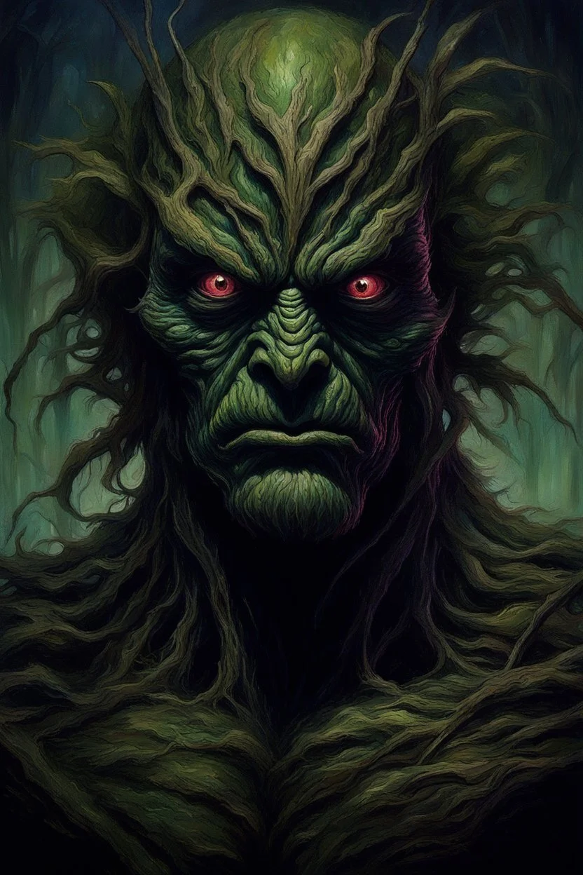 Swamp Thing, dark ball , ominous, facepaint, waist up portrait, intricate, oil on canvas, masterpiece, expert, insanely detailed, 4k resolution, retroanime style, cute big circular dark eyes, cinematic smooth, intricate detail , soft smooth lighting, soft pastel colors, painted Renaissance stylestyle