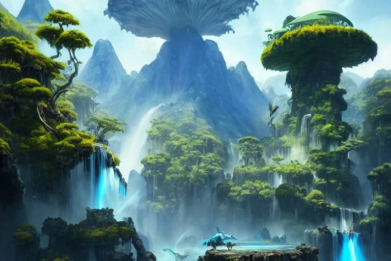 Art by Dylan cole and Eddie mendoza and darek zabrocki, Avatar concept art, pandora, hovering island with waterfall, magnificent landscape, ultra-wide angle, ultra realistic, digital painting, 8 k uhd, dynamic lighting, beautiful, sharp focus, ultra detailed, concept art