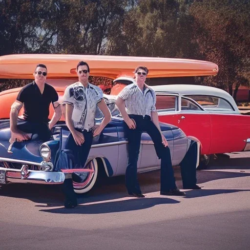 a 50s Greaser BAND standing in front of a hot rod