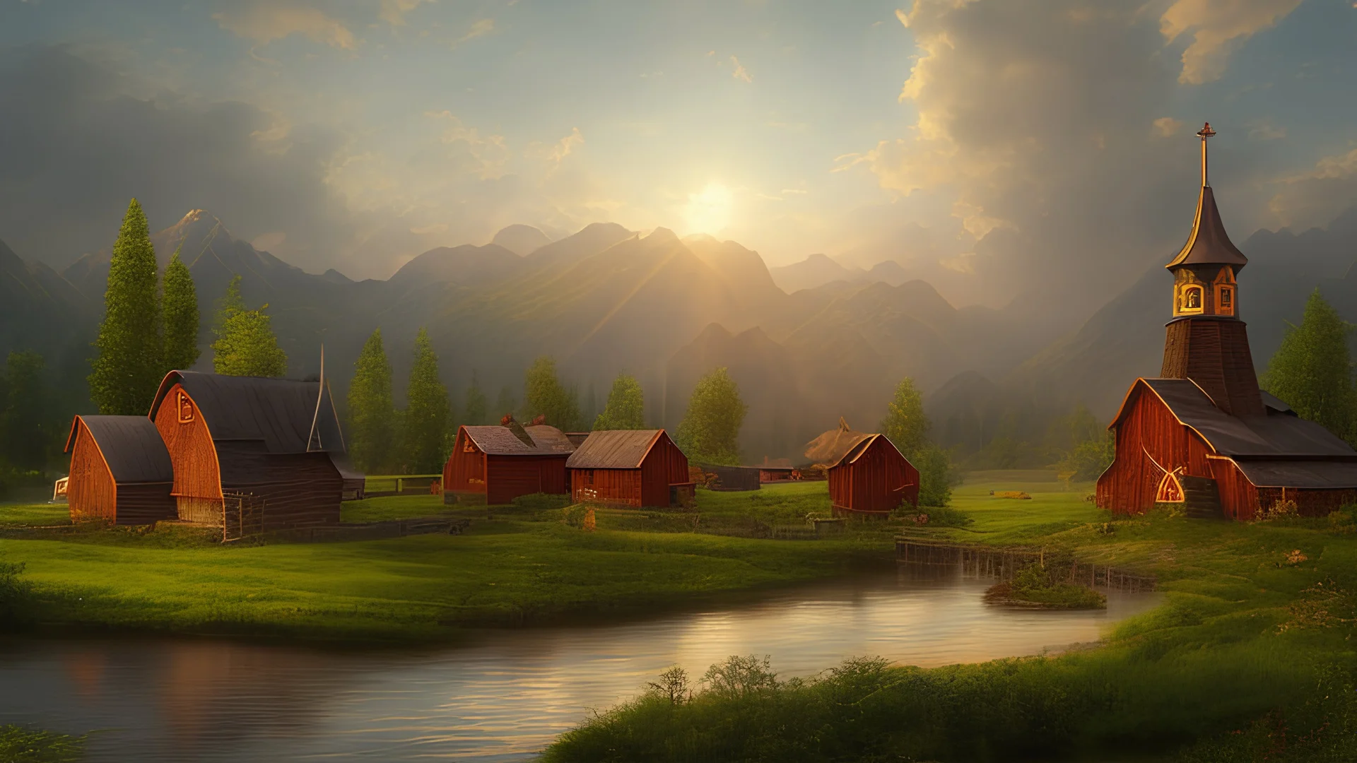 Looking across a torrential river to a village of new wooden houses, circular wooden church and farm buildings, and mountains in the far distance, highly detailed, realistic, sunshine, RTX