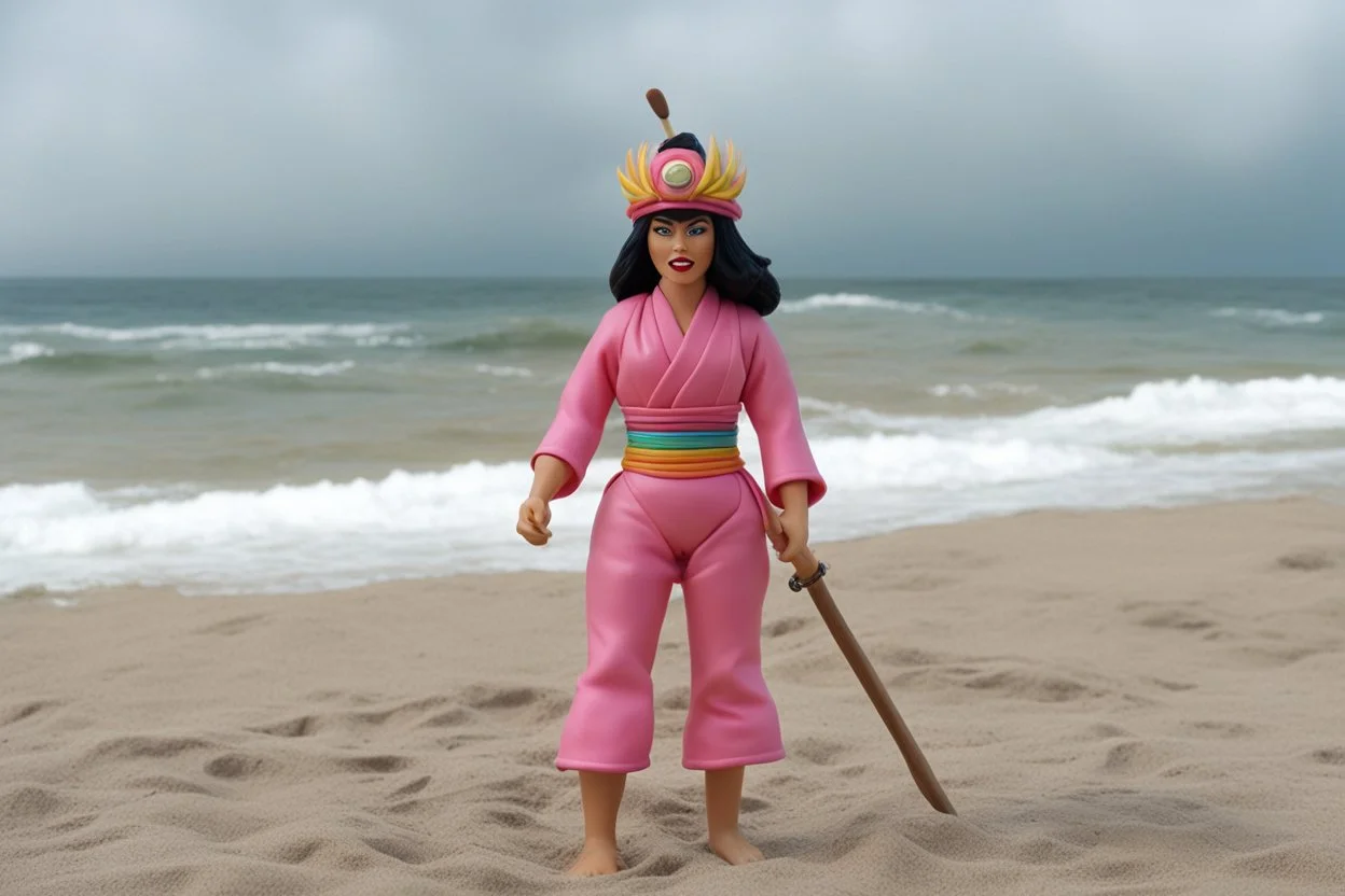 [1960’s stop-motion animation style on the beach the overcast sky in the background] a 70s advertisement video TV featuring A surprised Nomadic samurai woman, 24-years-old wearing a pink one-piece swimsuit , poised on hands and knees as a claymation character toy from a claymation horror movie in burning rainbow land, from hell, creepy Videos, eyeballs and trees everywhere , as old advertisement shot on video VHS