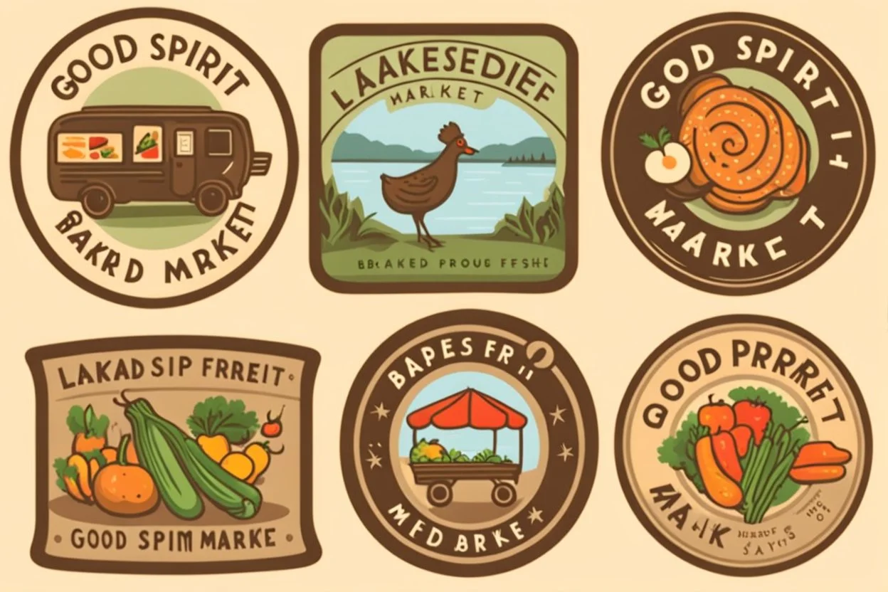 Stickers for a lakeside farmers' market "Good Spirit Market" in a national parks sticker style, featuring illustrations of baked goods and fresh produce