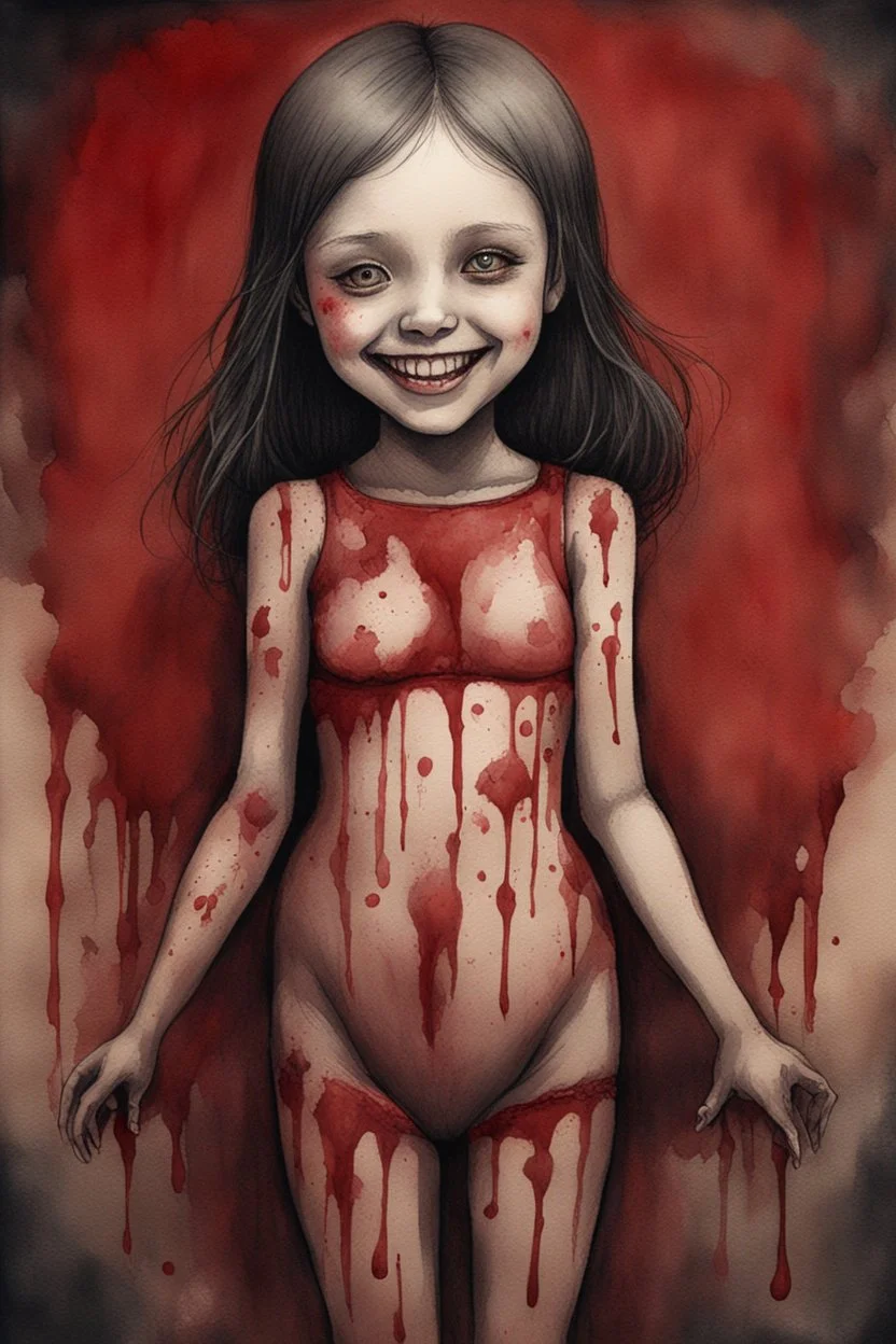 body anormal, smile blood, girl cute, watercolor illustration by <John Kenn Mortensen>, darkred tones,