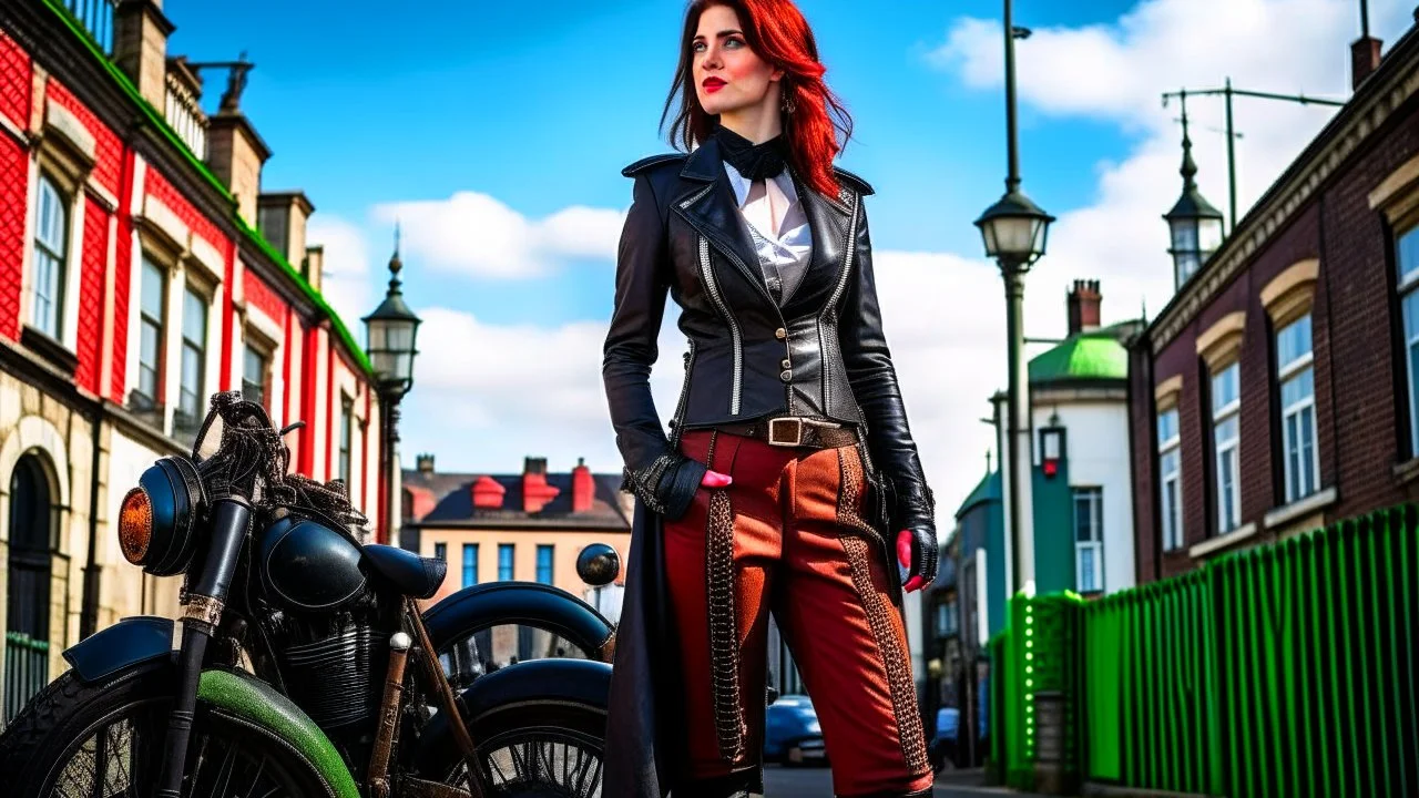 full-height portrait of a woman with straight shoulder-length auburn hair, with metal arms and legs, dressed in leather trousers, and a waistcoat, in a Victorian street next to a steampunk motorbike, blue sky