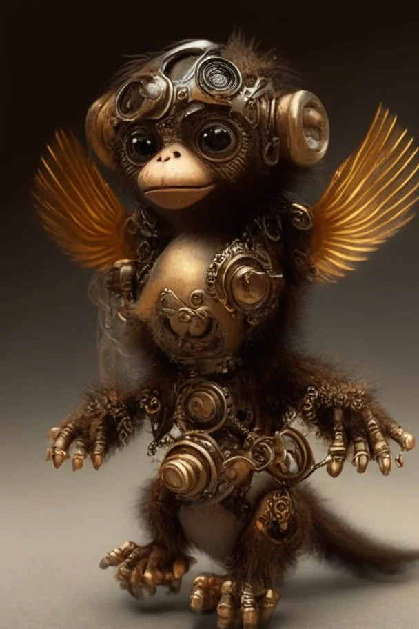 small cute steampunk mechanical monkey, made of metal with mechanical wings, cute hands and feet