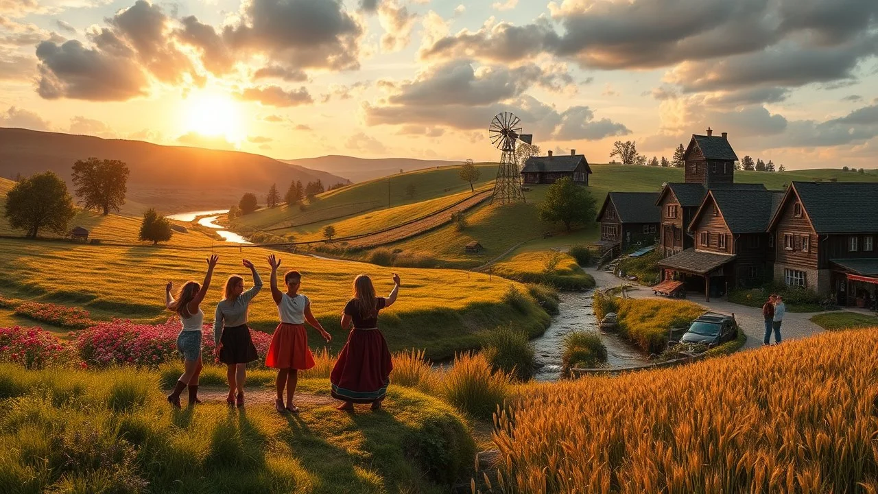 a group of young people are dancing to camera in village center squre over high grassy hills,a small fall and river and wild flowers at river sides, trees houses ,next to Ripe wheat ready for harvest farm,windmill ,some people standing looking the dancers,a few village local shops ,cloudy sun set sky