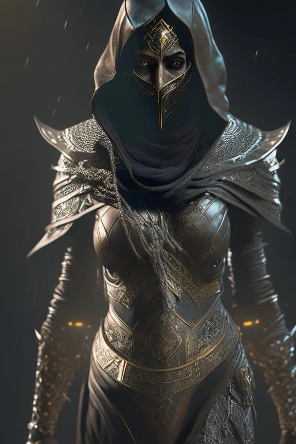 Iconic Arabian assassin, armor, full body, dark, stunning portrait, dynamic shot, vivid, legs, full face, cinematic atmosphere, immersive,, complex shadows, reflections, octane rendering, hyper-realistic, unparalleled detail Her, 8K, Groundbreaking, Epitome of Concept Art, Material-Based Rendering, Dynamic Angles, Complex Textures, Subsurface Dispersion, Timeless Masterpiece, AI-Enhanced, GAN, Ray Tracing, Depth of Field, Riding a Horse