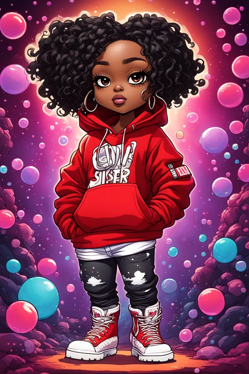 Create an colorful psychedelic comic book illustration of a chibi cartoon black female thick curvy wearing a cut of red hoodie and white jeans and timberland boots. Prominent make up with long lashes and hazel eyes. Highly detailed shiny sister locs. Background of a large bubbles all around her