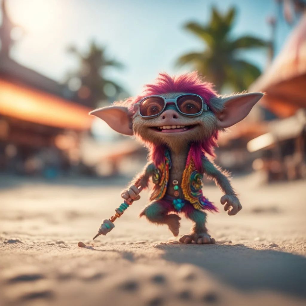 pen outline, hairy pimp groove funk kobold gremlin hippie in running inside big thread mill on beach ,bokeh like f/0.8, tilt-shift lens 8k, high detail, smooth render, down-light, unreal engine