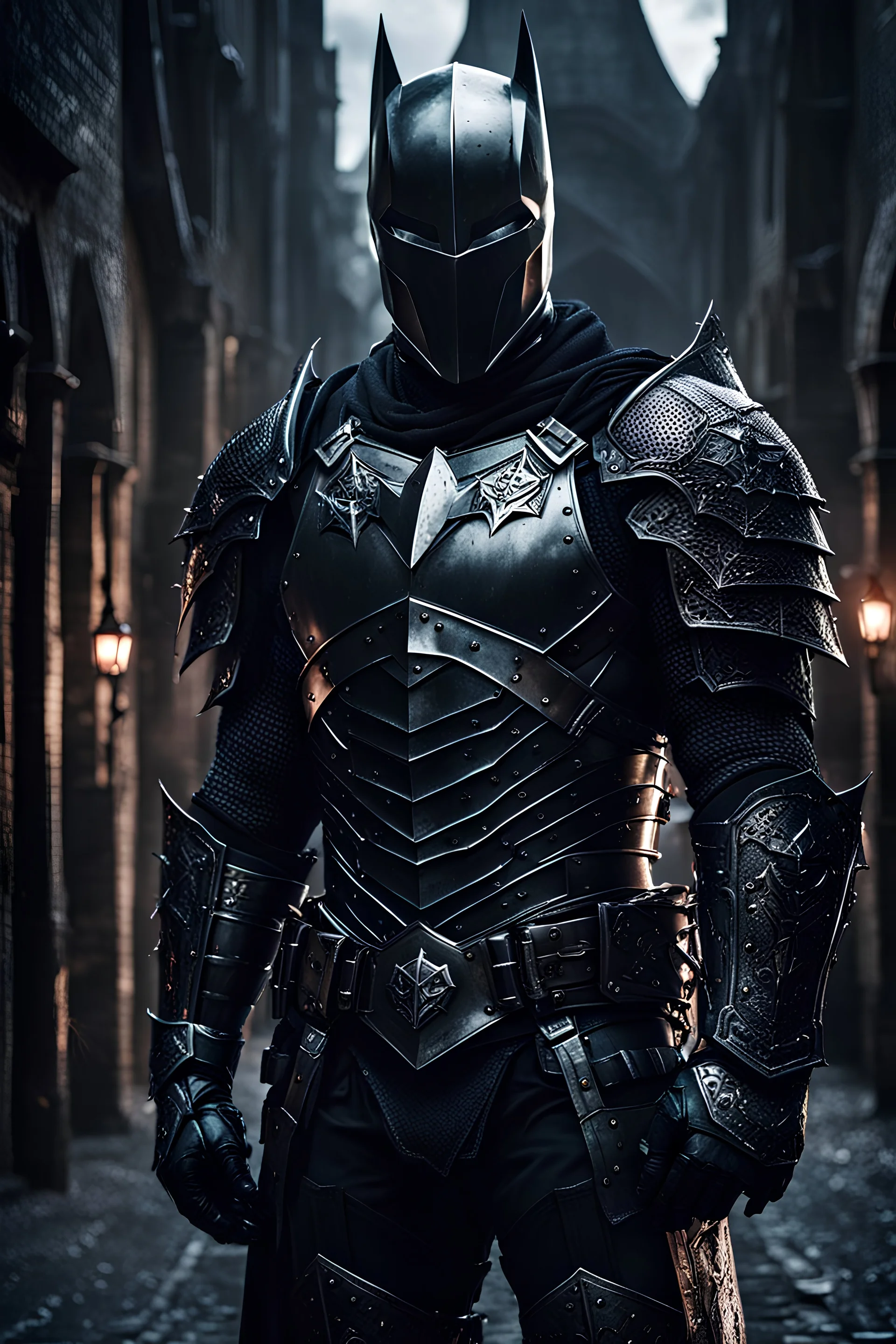 dark knight medieval, Held in der dunlken stadt, photo, metall carbon rüstung mit vielen details,8k, dunkle licht stimmung, Rose in der Hand