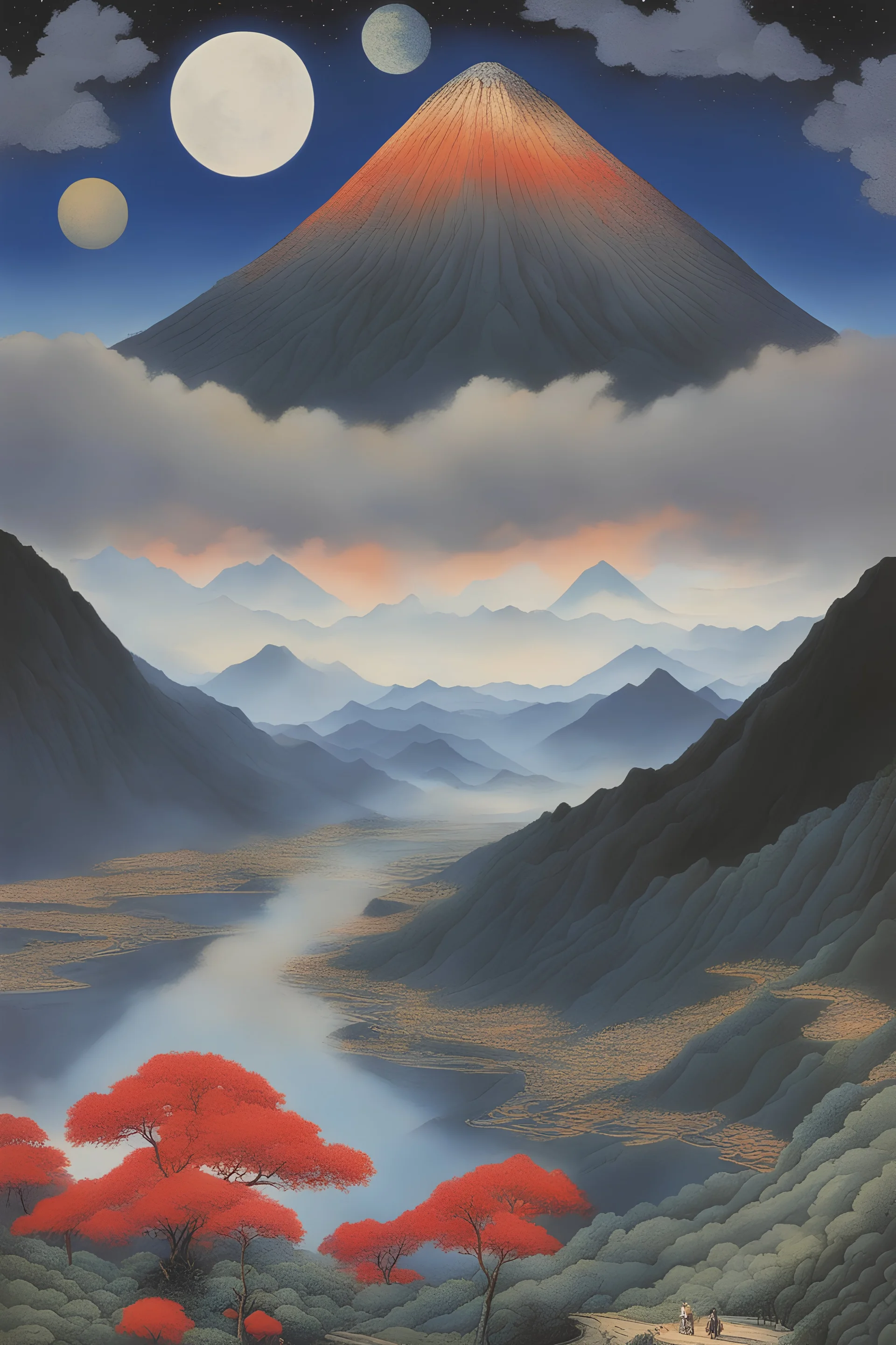 Tadanori Yokoo, Alice Boyd, Surreal, mysterious, bizarre, fantastical, fantasy, Sci-fi, Japanese anime, Buddhist cosmology, Mt. Sumeru and paradise. Mt. Sumeru is about 560,000 kilometers high, and is an imaginary high peak where Tenjin and others live. There are 3,000 magnificent universes centered around Mt. Sumeru. A thousand worlds, reincarnation, hell, the infinitesimal sun and moon, Alice, a beautiful blonde miniskirt girl who attains enlightenment, perfect body, detailed masterpiece