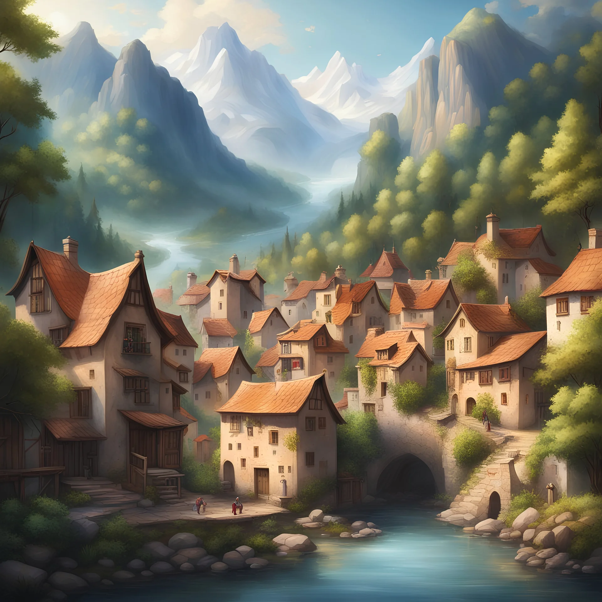 Artistic, beautiful old village next to a river also add a forest and mountains in the back