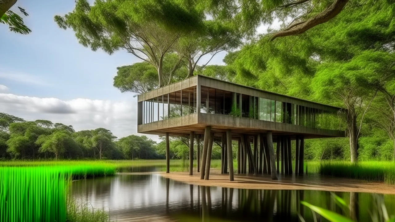 The house designed and built on an island in the Paraná River delta is immersed in a willow forest. Conceived as a dragonfly subtly perched on the ground with stilts that, like delicate legs, raise the house to protect it from frequent rises in water level. The house spreads its wings from glass facades that project outwards.