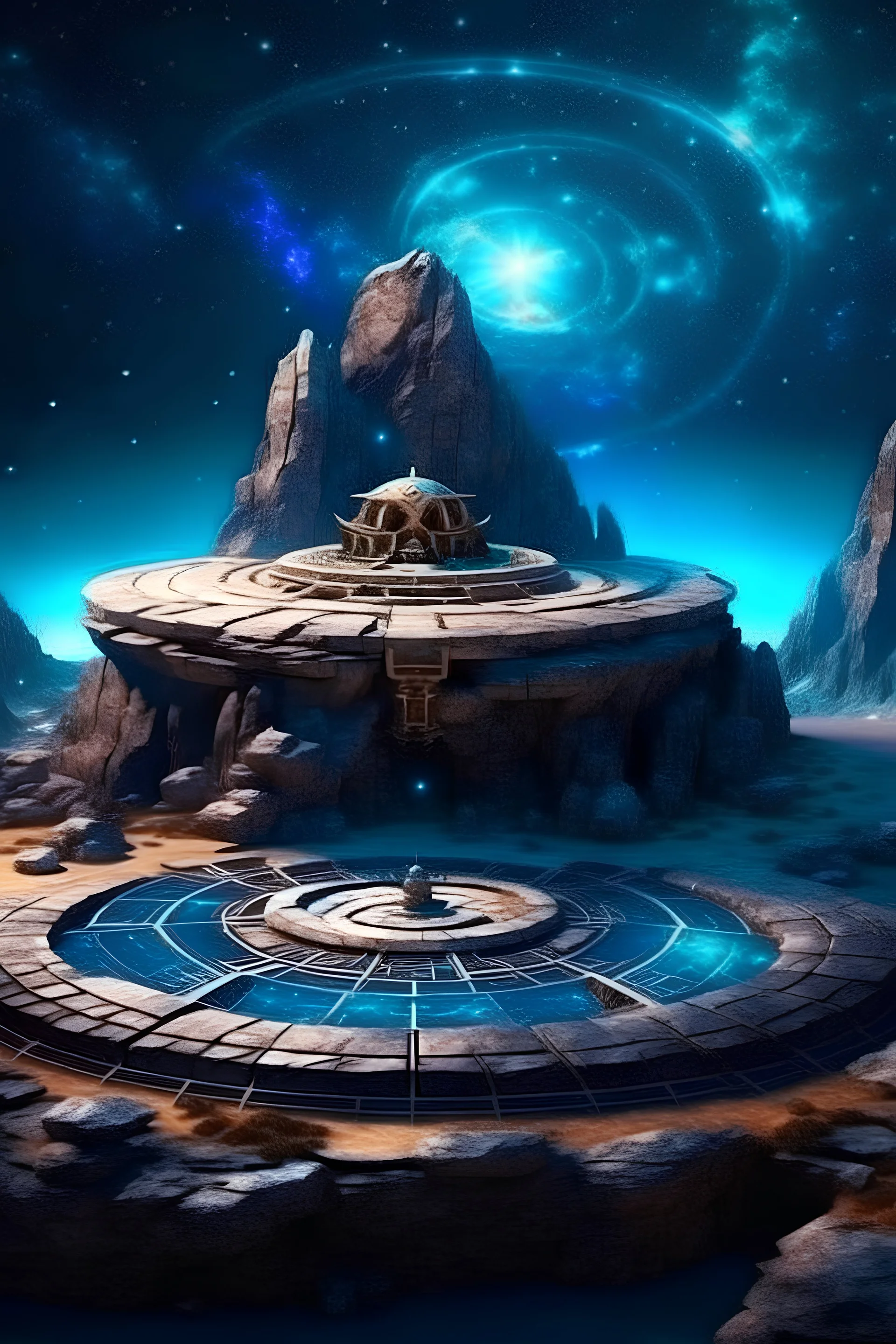 Meditation round podium , MAGIC rocky cliff, Palace carved into the rock, galaxy, infinity, space, sci-fi. , cosmos , space, for meditation , the most beautiful places ,