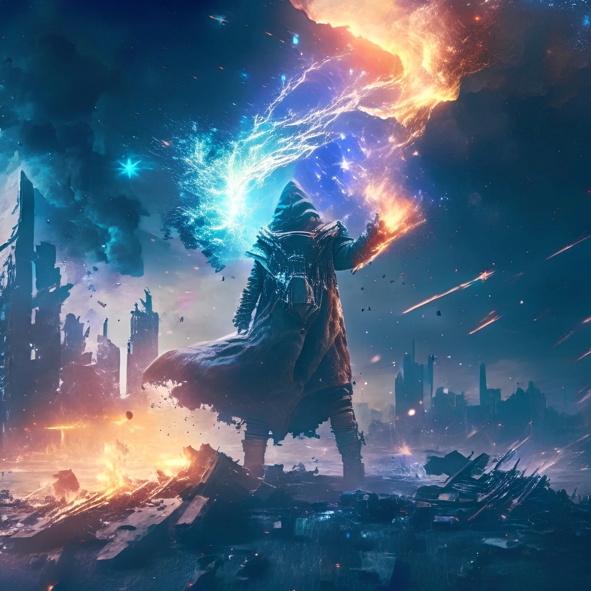 post apocalyptic space sorcerer casting spells, explosion behind, destroyed city, night starry sky, epic cinematic fight scene, 8k resolution, photorealistic, ultra detailed, macro photography