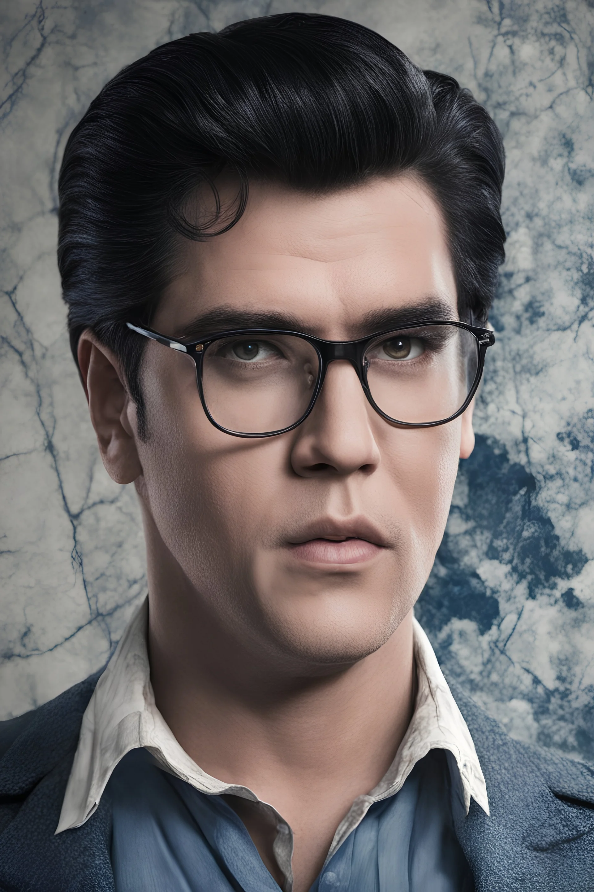 Elvis Presley as Clark Kent, 4k UHD, photorealistic, ((big, full, plump, pouty lips:1.5)) black hair, big cat-eye eyeglasses, dark blue foggy gradated marble wall background