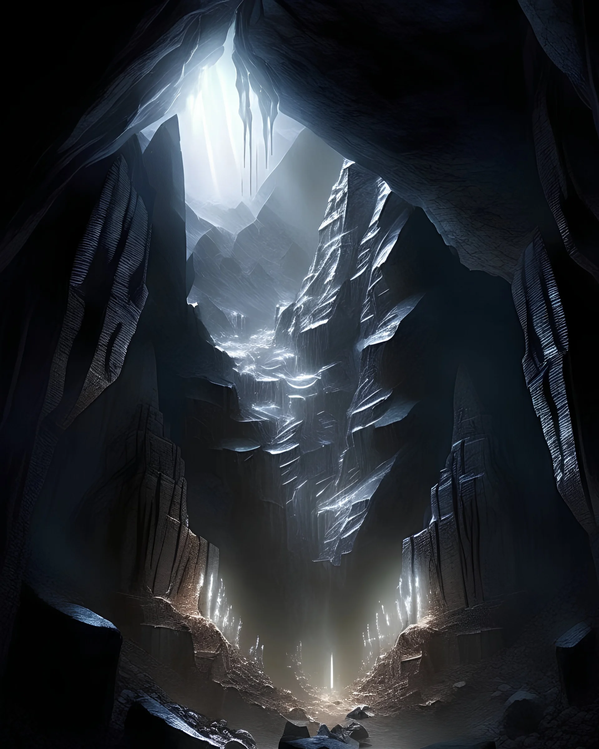 Dwarven mithril mine, vast underground cliffs glowing in silver hue, magical scene, godrays, fantasy cave, sense of awe and wonder, massive chasm
