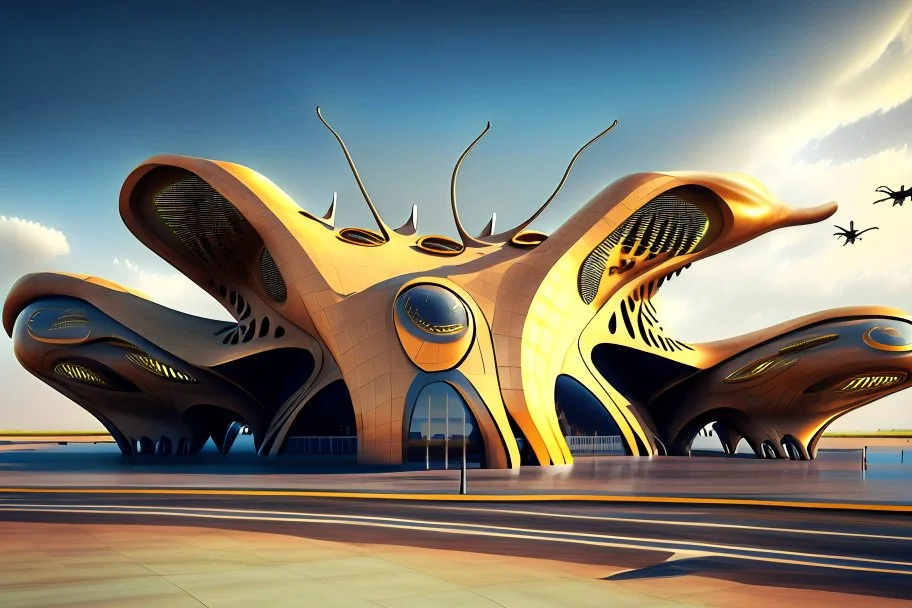 exterior view of an ant-shaped airport, spectacular, shocking, ultra quality, maximalist, 8k 3D