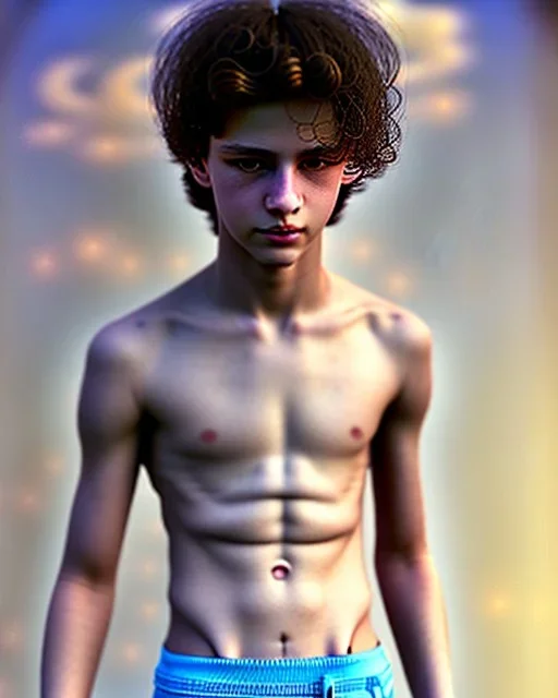 beautiful 12 year old arabic boy with long, curly hair and light blue eyes,shirtless