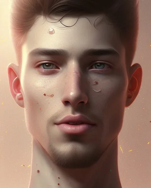 male, cute, brown hair, brown eyes, freckles,, head and shoulders portrait, 8k resolution concept art portrait by Greg Rutkowski, Artgerm, WLOP, Alphonse Mucha dynamic lighting hyperdetailed intricately detailed Splash art trending on Artstation triadic colors