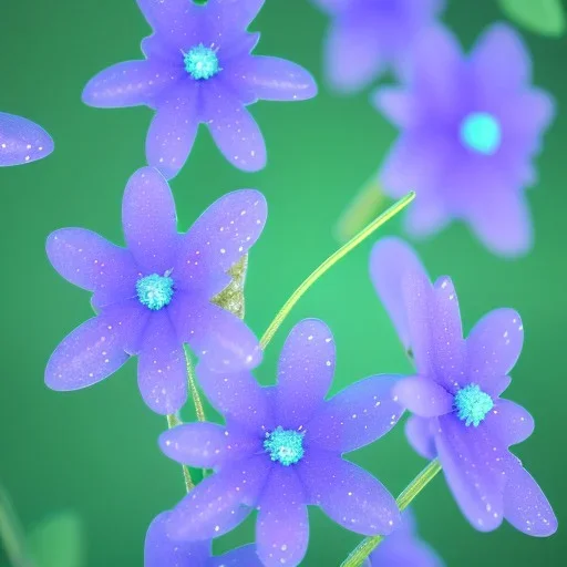 There are many green pointed tender leaves on the flower branches, many crystal clear lavender flowers, and translucent petals curled around its wet flower center. There are crystal dew on the flowers. The hazy gray blue background is clear, and several transparent snowflakes are falling,HD --ar 9:16