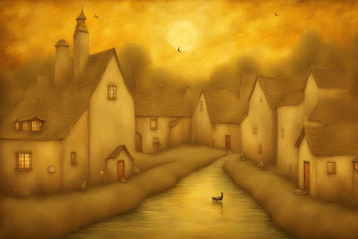 Nostalgia-evoking, breathtaking surreal masterpiece, channeling Sam Toft, Gustav Klimt, Andy Kehoe, Amanda Sage, features a quaint village scene bathed in setting sun's golden hues, painted textures conjuring yesteryears, fusion of folk art, sharp focus, studio photo, intricate details, artstation trending, highly detailed, Greg Rutkowski signature style, golden hour lighting, Modifiers: beautiful very cute visually breathtaking beautiful