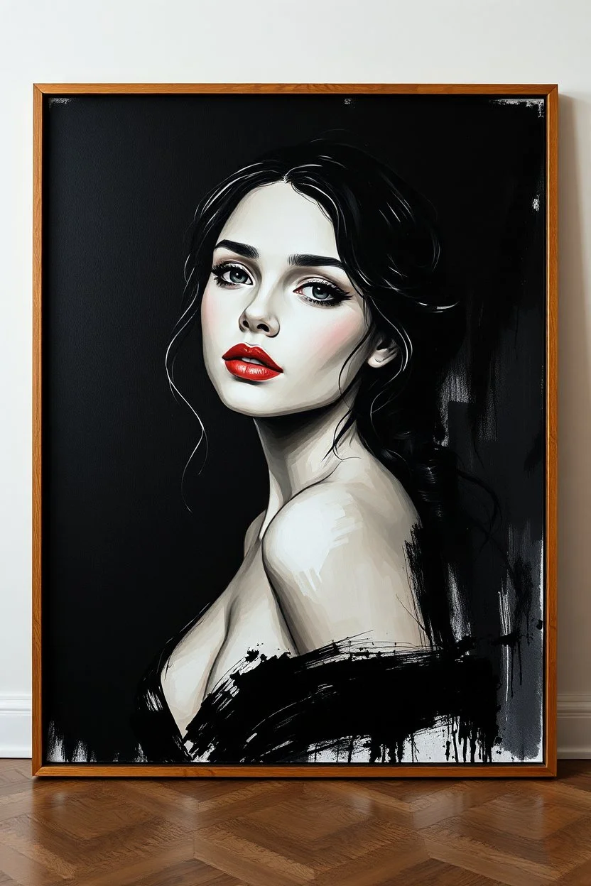 A beautiful young women painted with black abstract painting in side a large picture frame