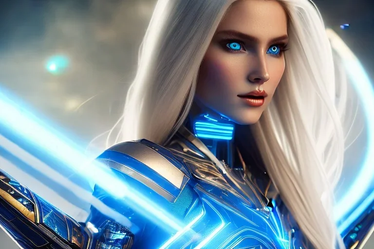 A beautiful portrait of a cute smiling cyber woman with wings, long blond platinum hair, luminous blue eyes, high key lighting, volumetric light high details with blue and white stripes white luminous celtic paterns, beam starry background