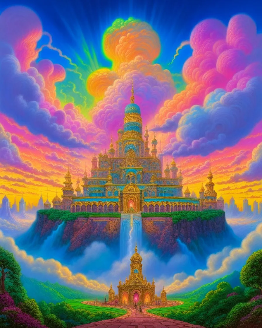 a photorealistic detailed cinematic image of a beautiful vibrant iridescent future for human evolution, spiritual science, divinity, utopian, cumulus clouds, ornate architecture, isometric, by david a. hardy, kinkade, lisa frank, wpa, public works mural, socialist