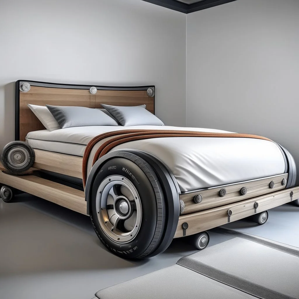 A bed with car wheels and a car belt on it