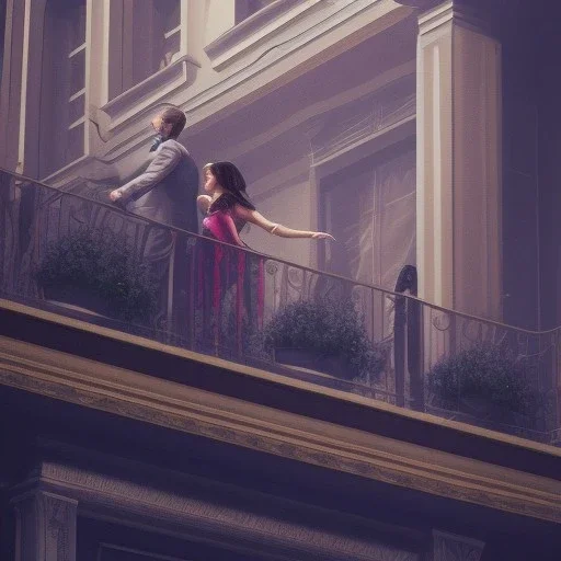 a man pushing a woman over a balcony, downtown new york at night, dramatic, dramatic lighting, volumetric lighting, hyperrealism, 8k, high quality, photorealistic, lot of details