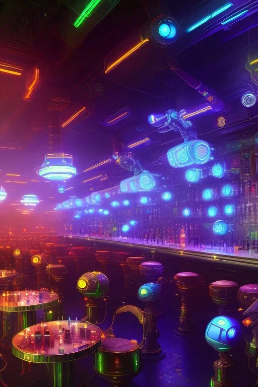 a few robots in a cyberpunk bar, digital art style. fantasy, volumetric lighting, particales,highly detailed wide shot, cinamatic, Zack Snyder stlye, colourful, w