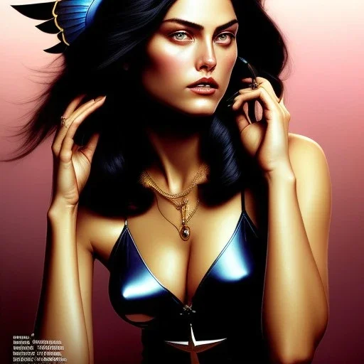 artgerm, joshua middleton comic cover art, pretty friendly phoebe tonkin as death sandman comic death appears as a young, attractive, slim woman of average height in her early to mid 2 0's. she has very pale skin, dark eyes, long jet - black hair that she wears in a variety of styles and has an eye of horus painted under one of her eyes. she prefers to dress casually and she always wears black clothing usually in the form of a black tank top and slim jeans, smiling, full body, symmetrical eyes