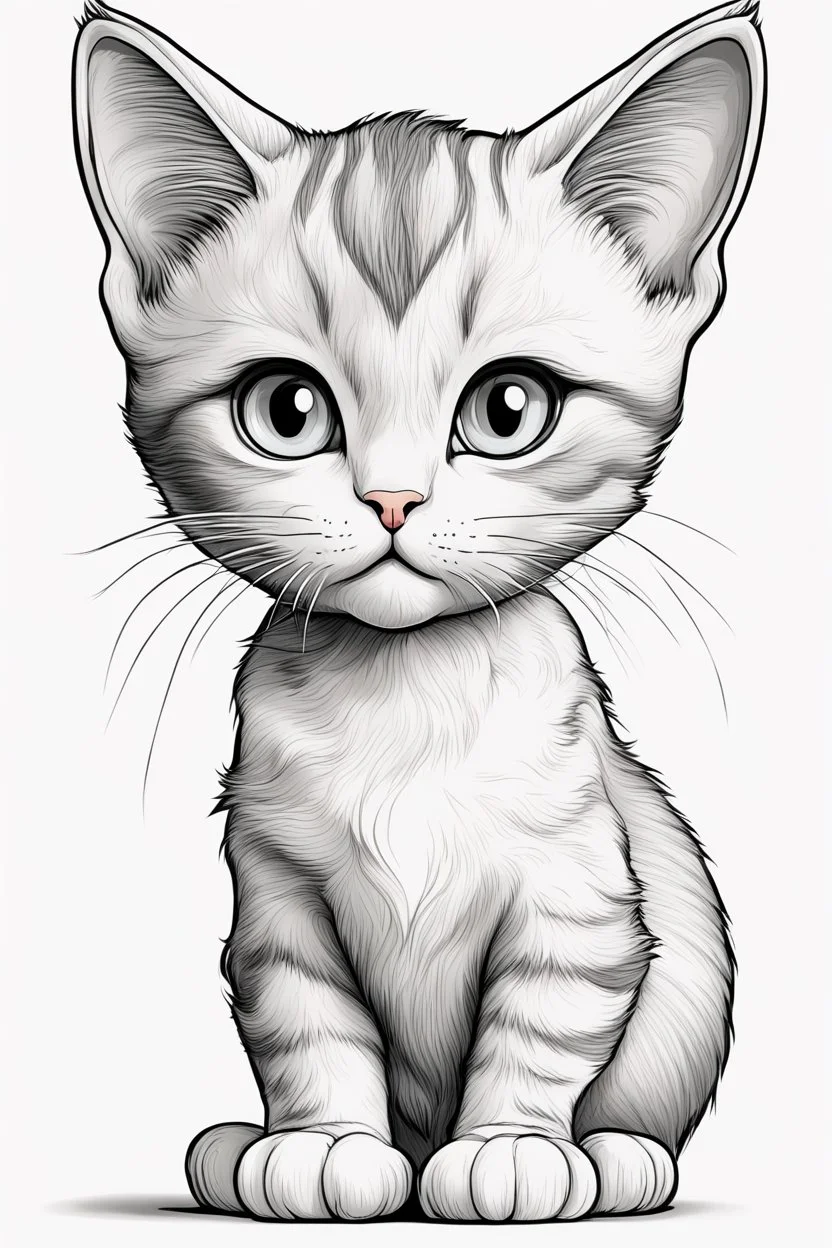 create a outlined cartoon coloring page of a baby cat. Pay attention to the details of the faces and White background, sketch style, use outline, clean line art, no shadows, no coloring, no shading, no grey.