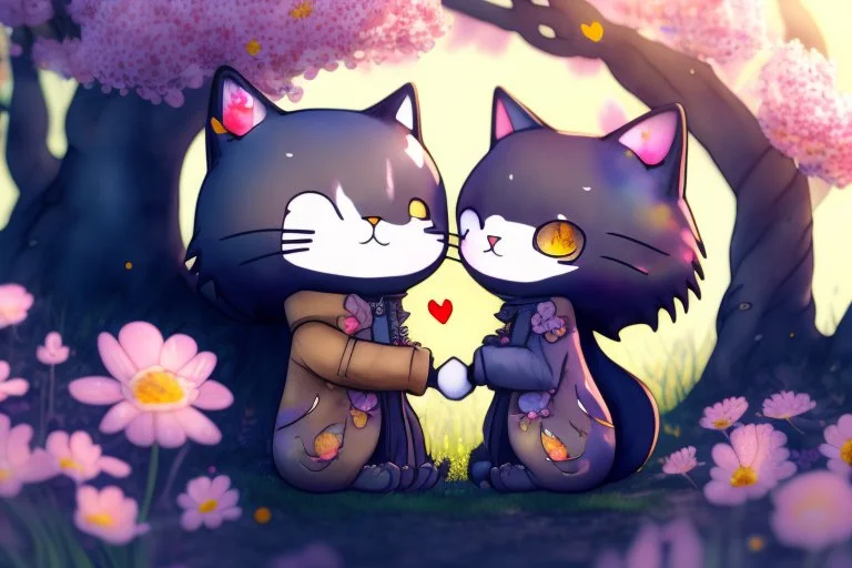 Cute chibi anime cat couple in love, flowers in sunshine, heart and love, watercolor and black ink outlines, ethereal, cinematic postprocessing, bokeh, dof Weight:1 detailed matte painting, deep color, fantastical, intricate detail, splash screen, complementary colors, fantasy concept art, 8k resolution trending on Artstation Unreal Engine 5 Weight:0.9