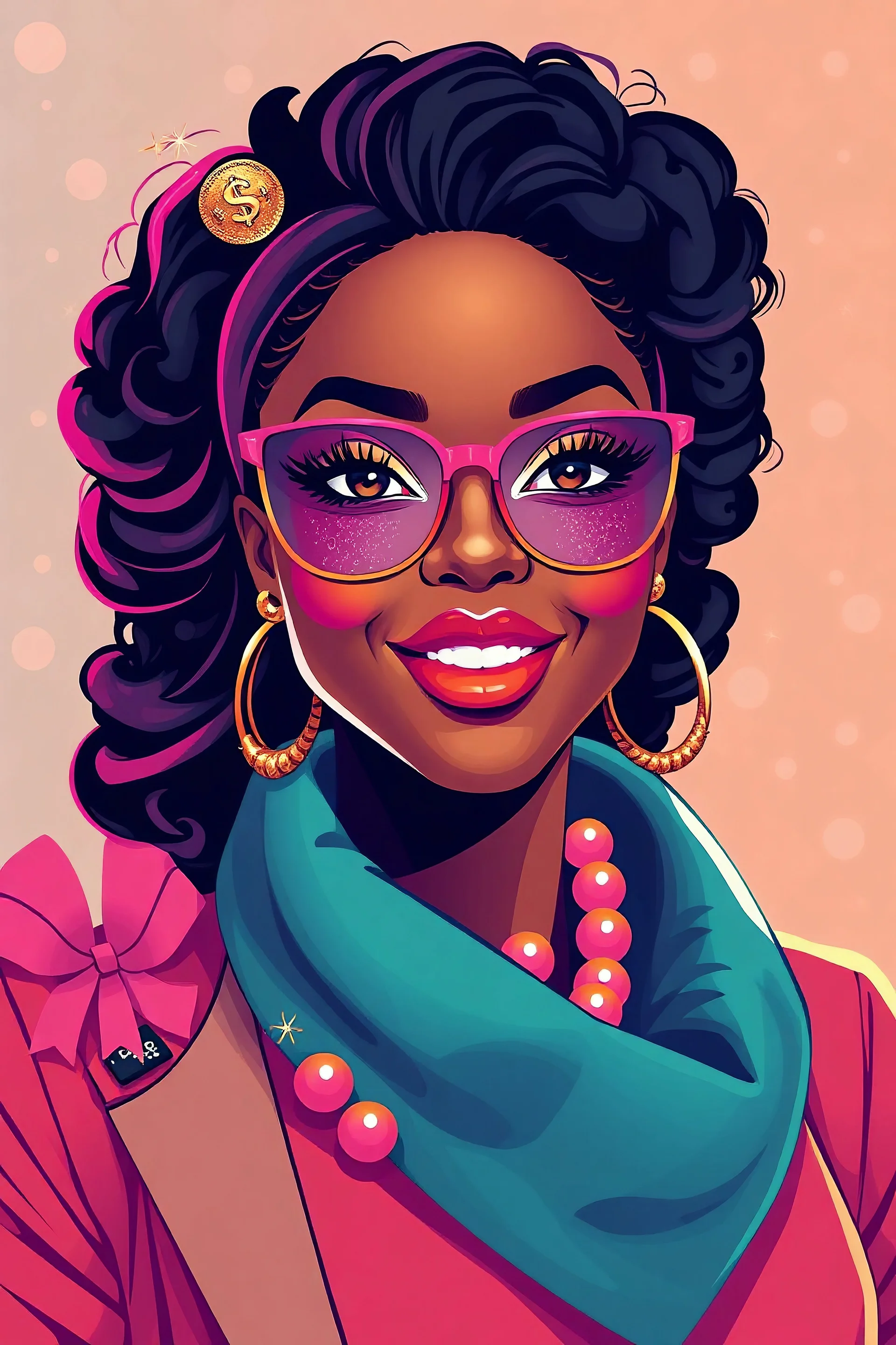 Create a digital illustration of an African American woman embodying empowerment and financial success, with vibrant colors, chic and stylish aesthetics, incorporating pink and gold tones, and combining modern and futuristic elements with traditional holiday cheer.