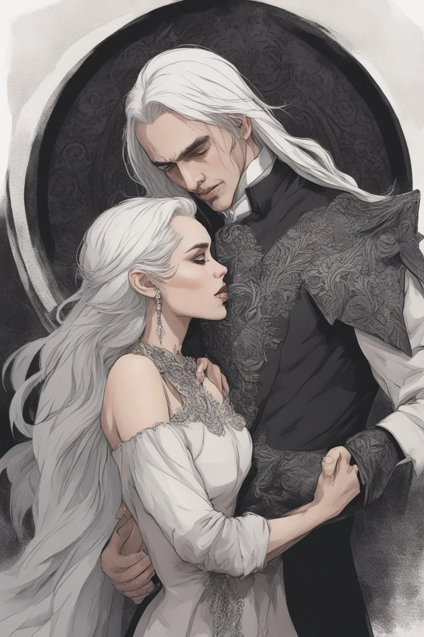 Strahd Von Zarovich being kissed by a beautiful woman with white hair, wearing an off the shoulder dress. Settling and background are a lavish toomb with an ebony coffin.