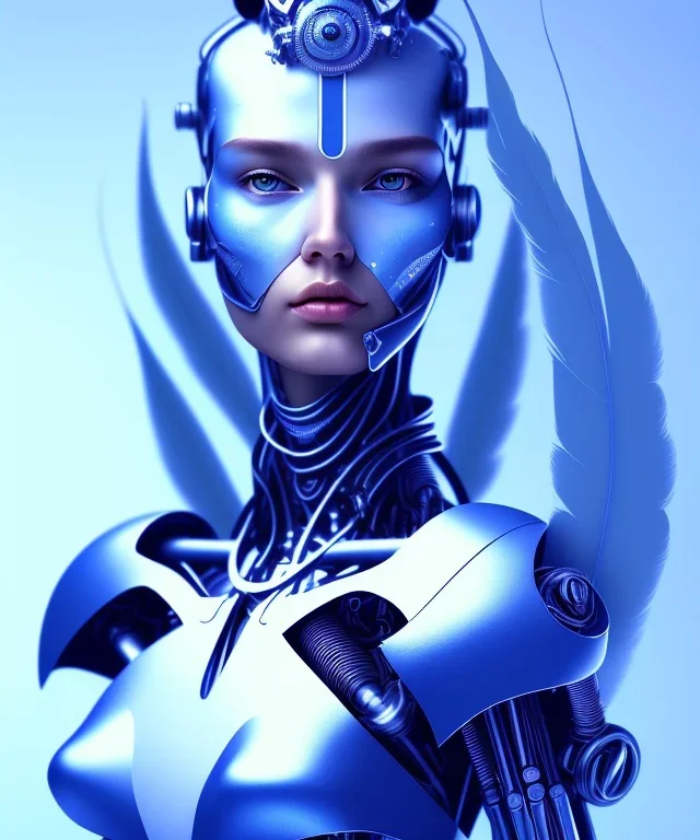 A beautiful portrait of a cute cyborg woman blue color scheme, high key lighting, volumetric light high details with white stripes and feathers and indian paterns and wimgs