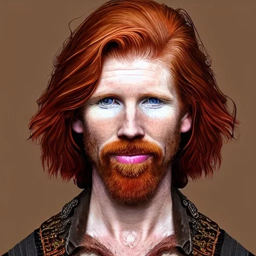 Portrait of young Courtney Gains as a ruggedly handsome, joyful, roguish pirate, charismatic, attractive male, masculine, perfect, precisely detailed clear eyes, unblemished, flawless skin, softly freckled face; meticulously detailed multi-hued ginger carrot-colored cherry fire red hair; fantasy, intricate, elegant, highly detailed, digital painting, concept art, matte, sharp focus, illustration, art by artgerm and greg rutkowski and alphonse mucha