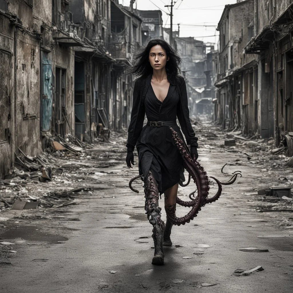 a woman with dark hair and octopus legs, walking along a derelict street