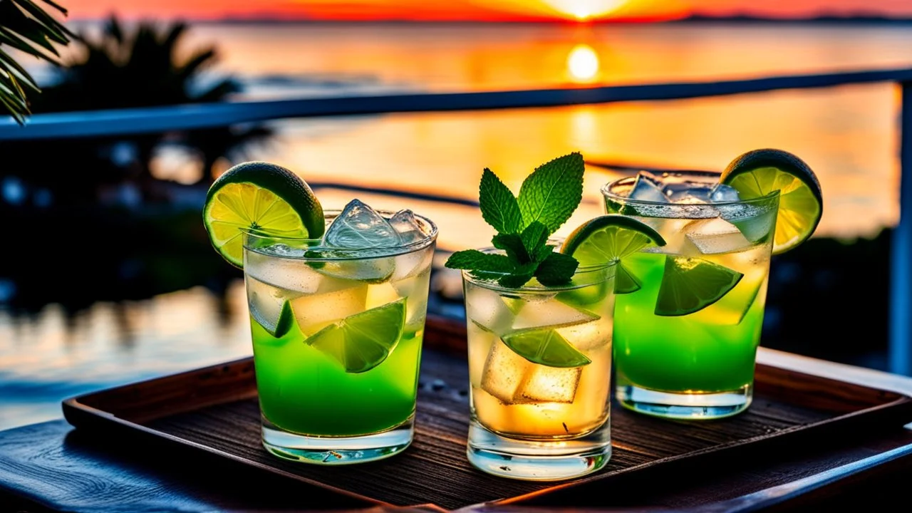 Two glasses of a mohito coctail beverage with lime are on a dining table on the balcony, overlooking a beautiful sea waterfront view. sunset, warm lights, harmonic calm mood, highly detailed, high contrast, perfect lights, masterpiece