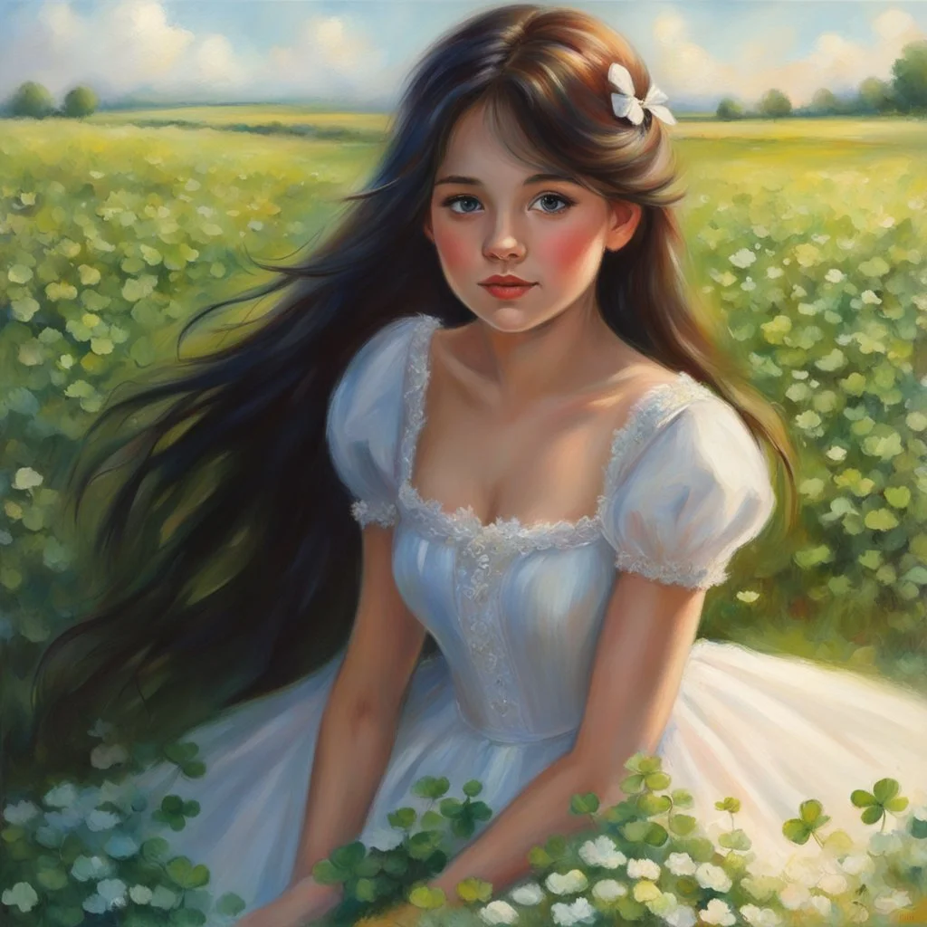 A beautiful girl in a white dress sits surrounded by a field of clover. Masterpiece, best quality, oil pastel style, oil pastel painting, inspired by Thomas Kinkade, beautiful details, painted by Willem Haenraets, high quality, 4k