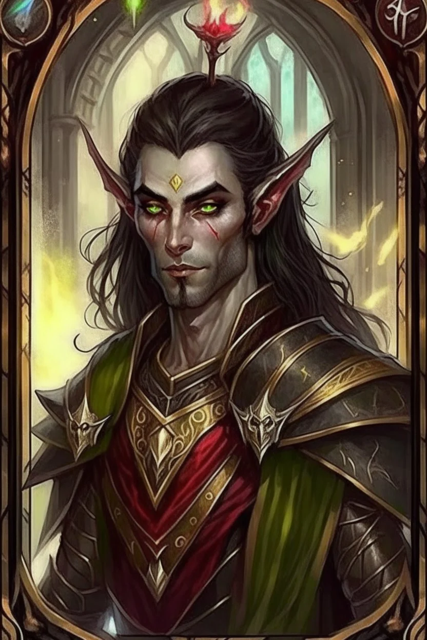 Sits on the throne, full length, mantle, black cloth, dark green eyes, holding a long spear with his left hand, human skin,