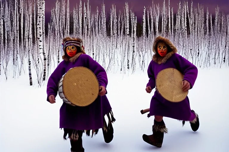 Northern Native man with haunted kids running in the background, indigenous, birch-bark face-cover, Kekripukki, carrying drums made of birch-park, Scary Horns, Midwinter, Ghost, Mystic, Haunted Children, The children are dead, Witch, Wizard, Sage, Traditional Costumes, Full Face Painted with purple and green. Arctic Hills, Strange trees, Haunting Atmosphere, Crazy, North-Carelia, Karelia, Karjala, Karjalainen, traditional Carelian costumes, black tears,