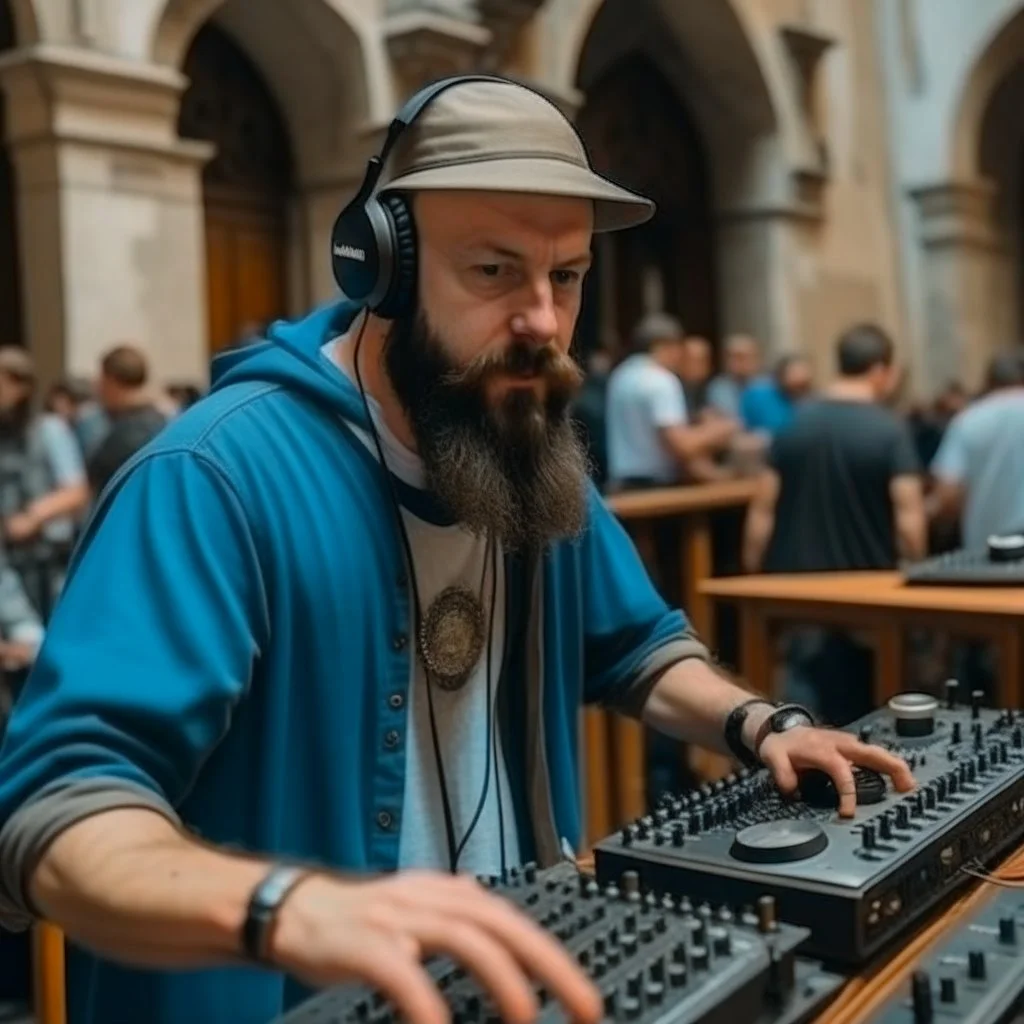 A bearded DJ with a hat on his head at the DJ console, many electronic consoles around, play middle street of medieval city,