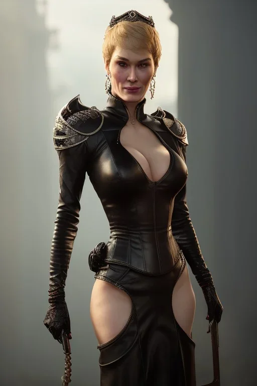 Cersei Lannister as evil dominatrix in black leather, busty, cleavage, curvy, lena headay, angry, stern look. character design by cory loftis, fenghua zhong, ryohei hase, ismail inceoglu and ruan jia. unreal engine 5, artistic lighting, highly detailed, photorealistic, fantasy