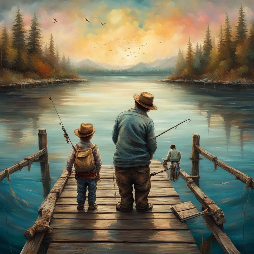 close up of loving Father and adorable young son fishing off a rickety pier, Impressionism, featuring cool pastel colors and loose brushstrokes, beautiful layers of colorful textured paint, epic artistic masterpiece, by Andy kehoe and Norman Rockwell