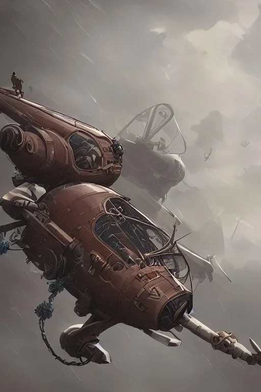 mad pilot in a steampunk airship during a storm