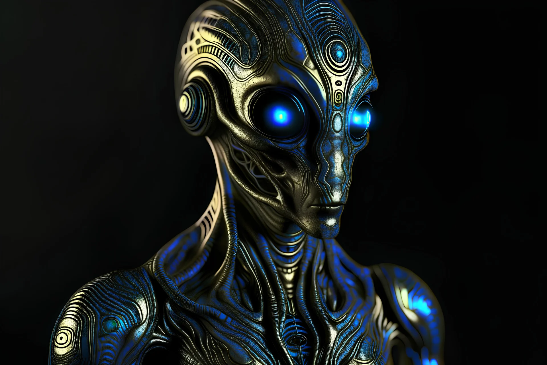 alien race, with metallic, intricately patterned skin resembling a live circuit board. His eyes glow with a soft blue light, and he's often seen in a jumpsuit covered in oil stains. toaster