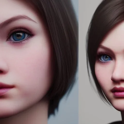 potrait girl look beautiful, close-up, dramatic, eyes like ocean blue, short hair, smile, 8k, rtx, eyebrows like serious, facing left, real, cute, hyper realistis